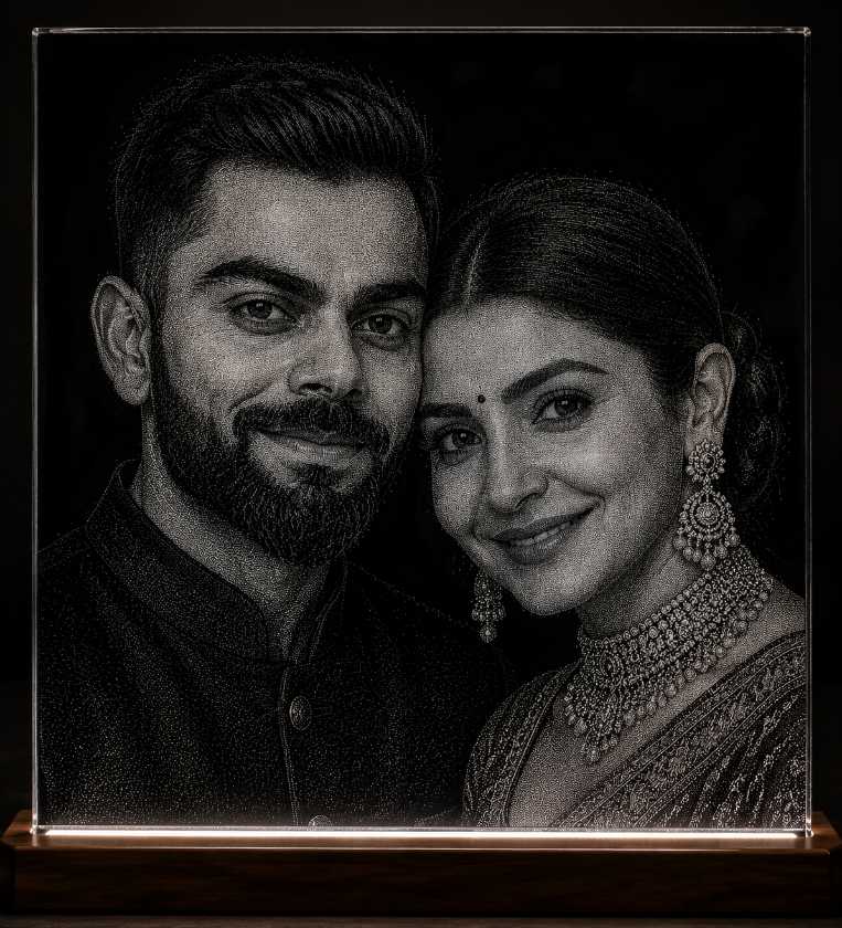 Virat Anushka Couple Hand Hammered Marble & Glass Art Portrait